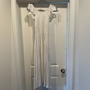 NWOT Free People white and tan gentle strip cotton dress with flutter sleeve. XS